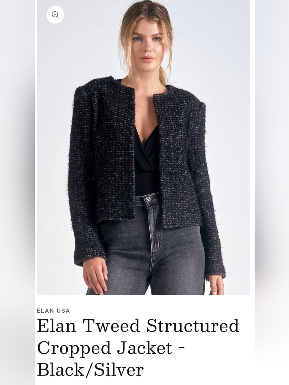 NWT  / Elan Black Tweed Cropped Jacket with Silver Threading / LARGE